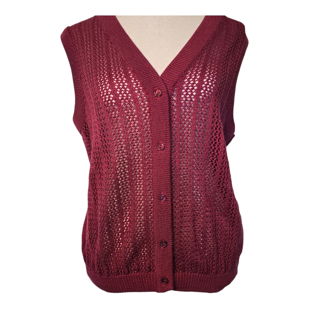 Devon Burgandy Vintage Open Knit Sweater Vest Cardigan – Medium